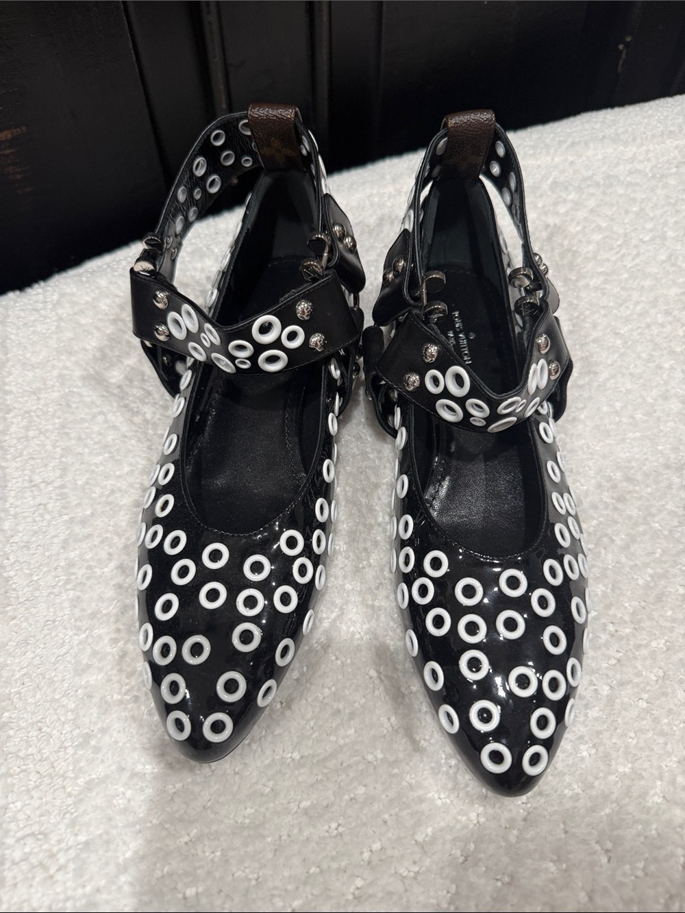 Louis Vuitton Black Patent Pointed Mary Jane Flats with White Grommet Detail